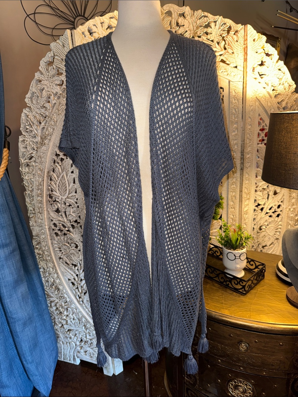 Steve Madden Navy Blue Open-Knit Tassel Cardigan